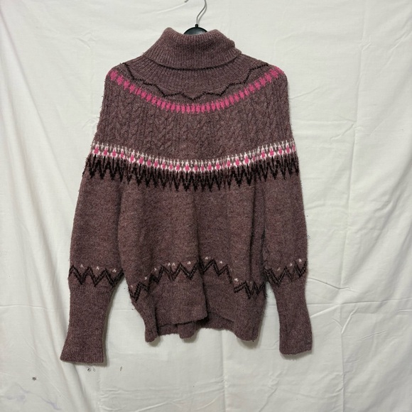 a new day Sweaters - a new day Pink and Brown Patterned Turtleneck Sweater